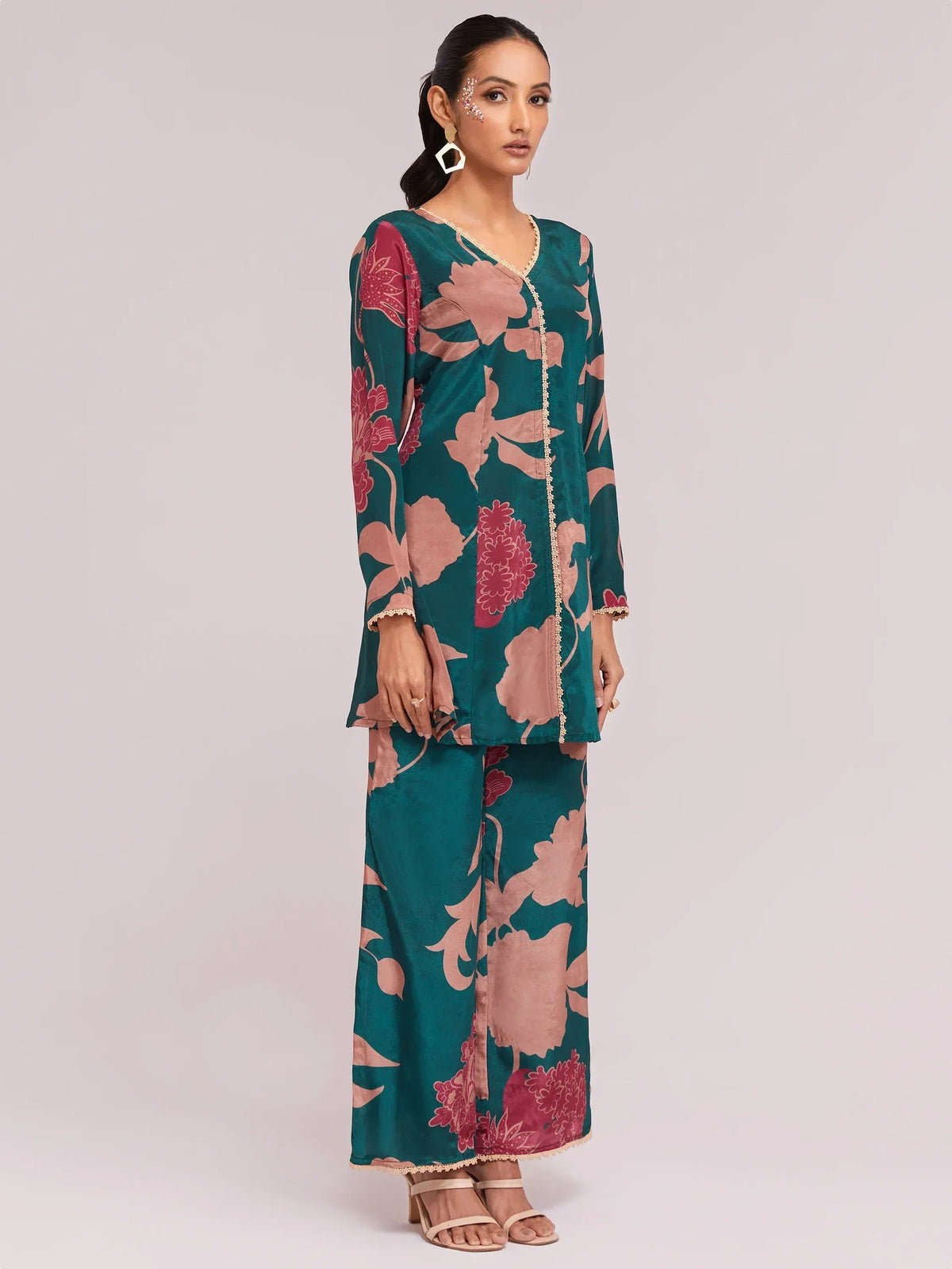 Teal floral print ethnic kurta with palazzo pants, perfect for Indian wear occasions