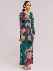 Charming Teal Blue Digital Printed Crepe Casual Wear Co-Ord Set