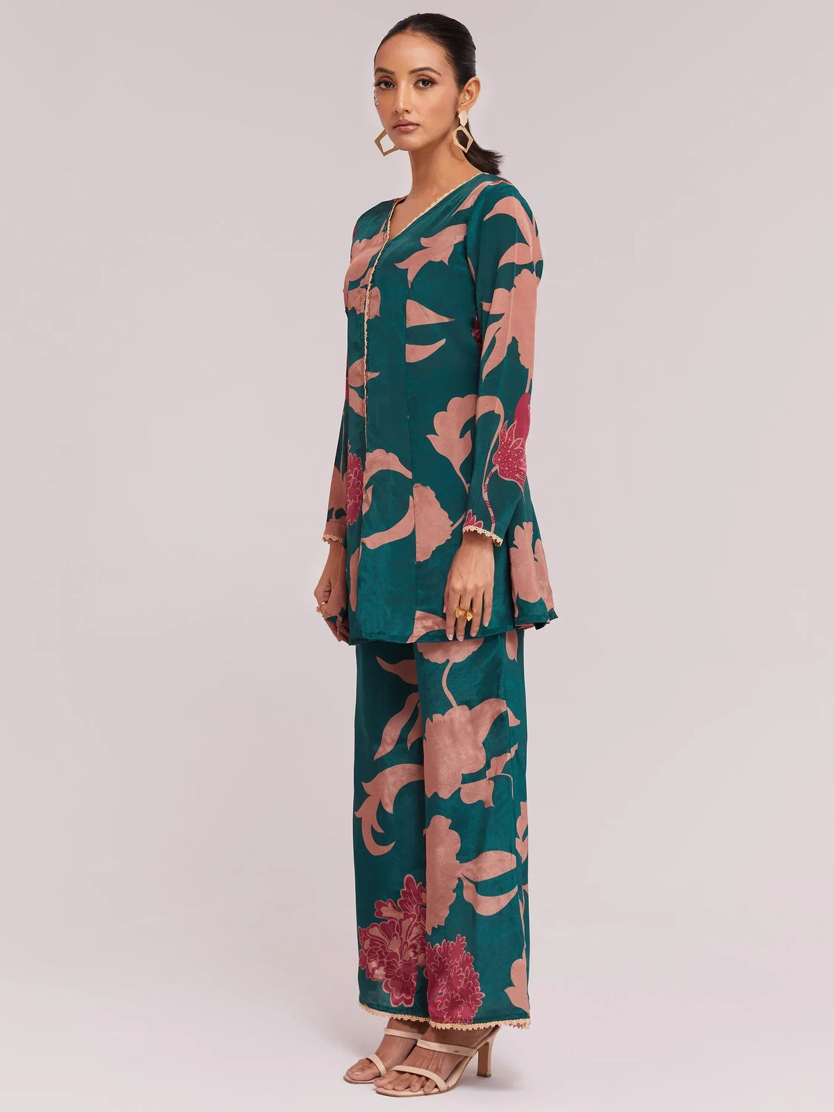 Teal floral print ethnic kurta with palazzo pants, stylish Indian wear for women