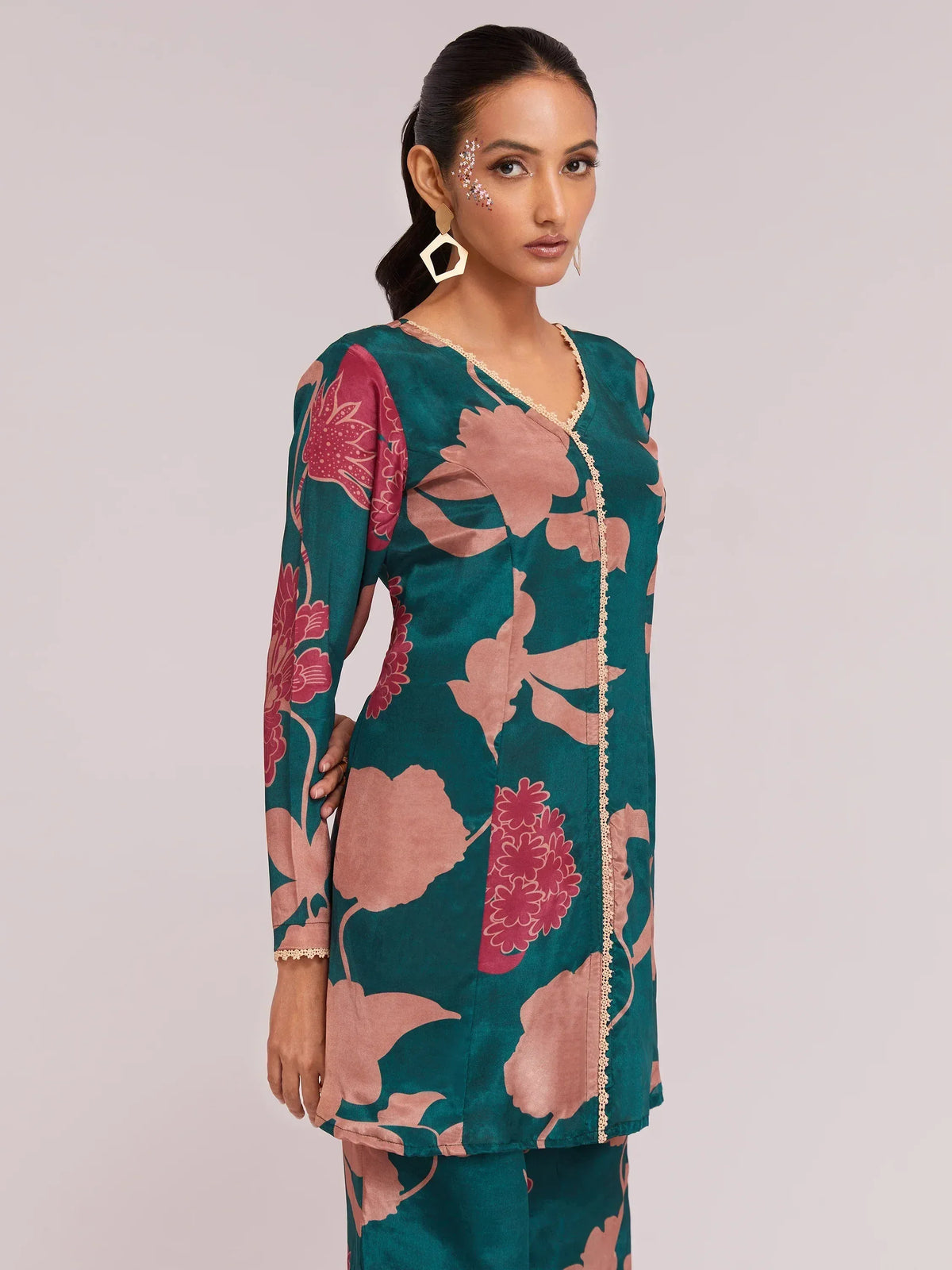 Teal floral printed kurta with pink accents, ethnic wear for women