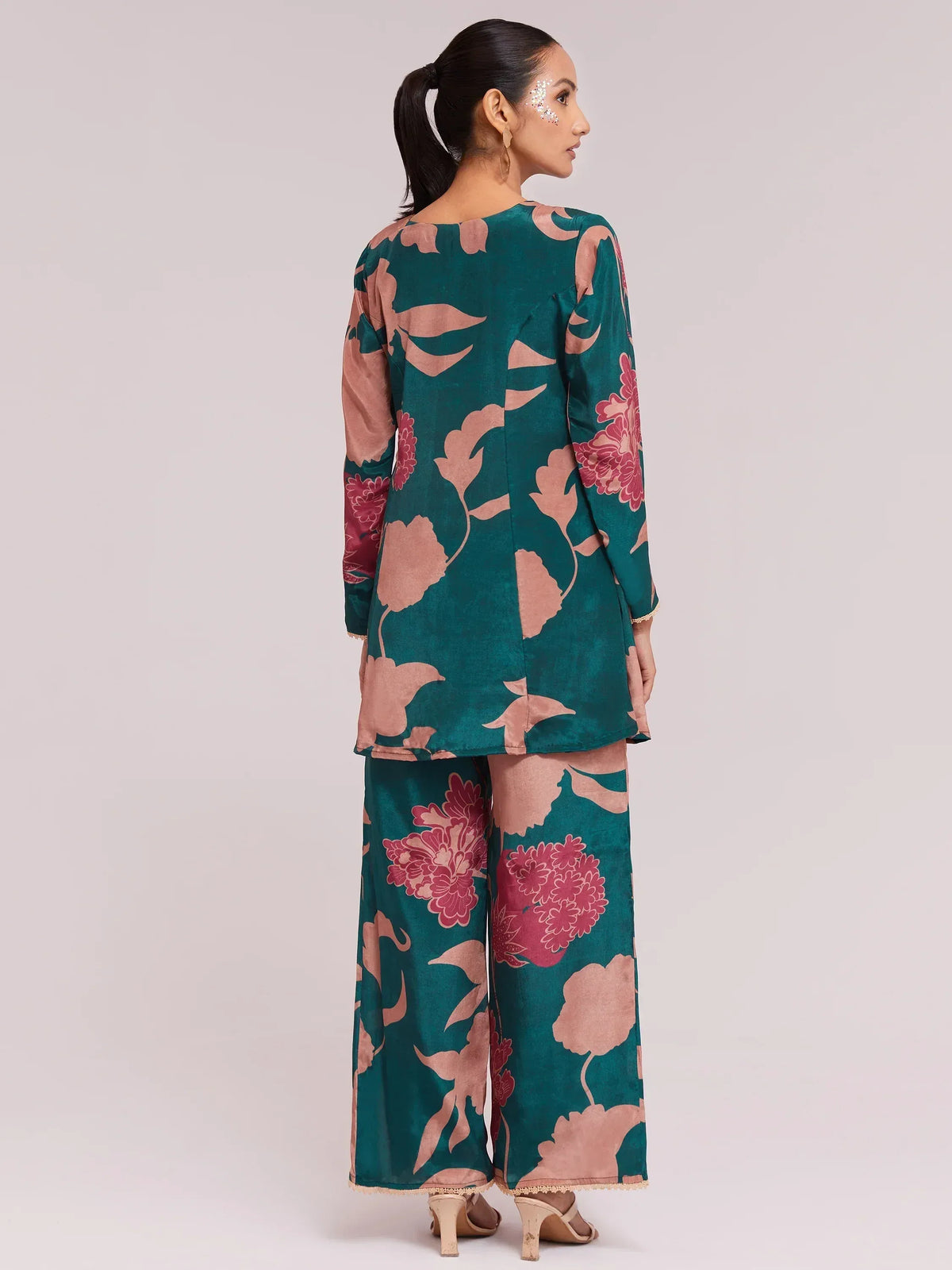 Teal floral print ethnic kurta with palazzo pants, Indian designer wear