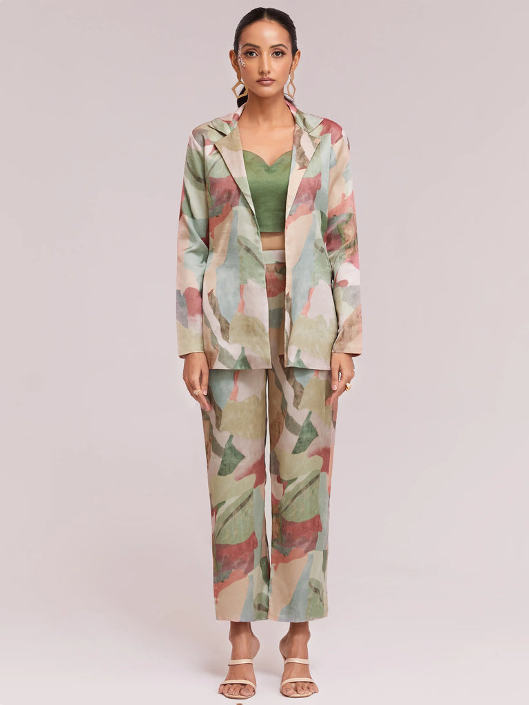 Excellent Multi-Color Satin Stylist Crop Top And Pant With Blazer