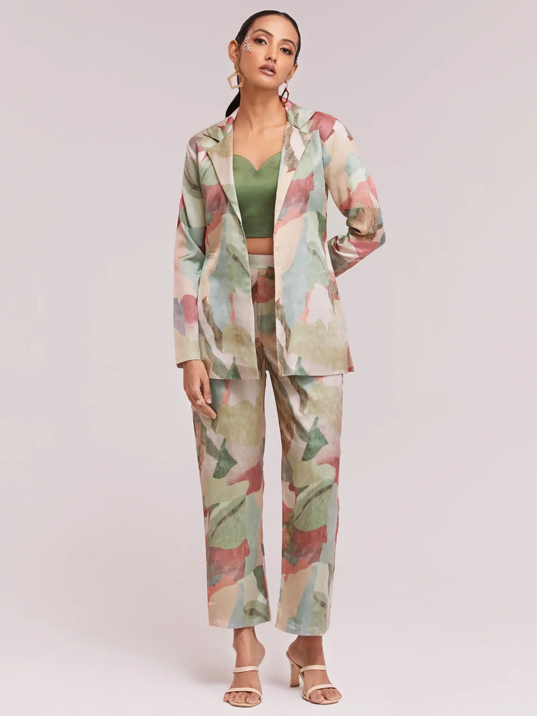 Excellent Multi-Color Satin Stylist Crop Top And Pant With Blazer