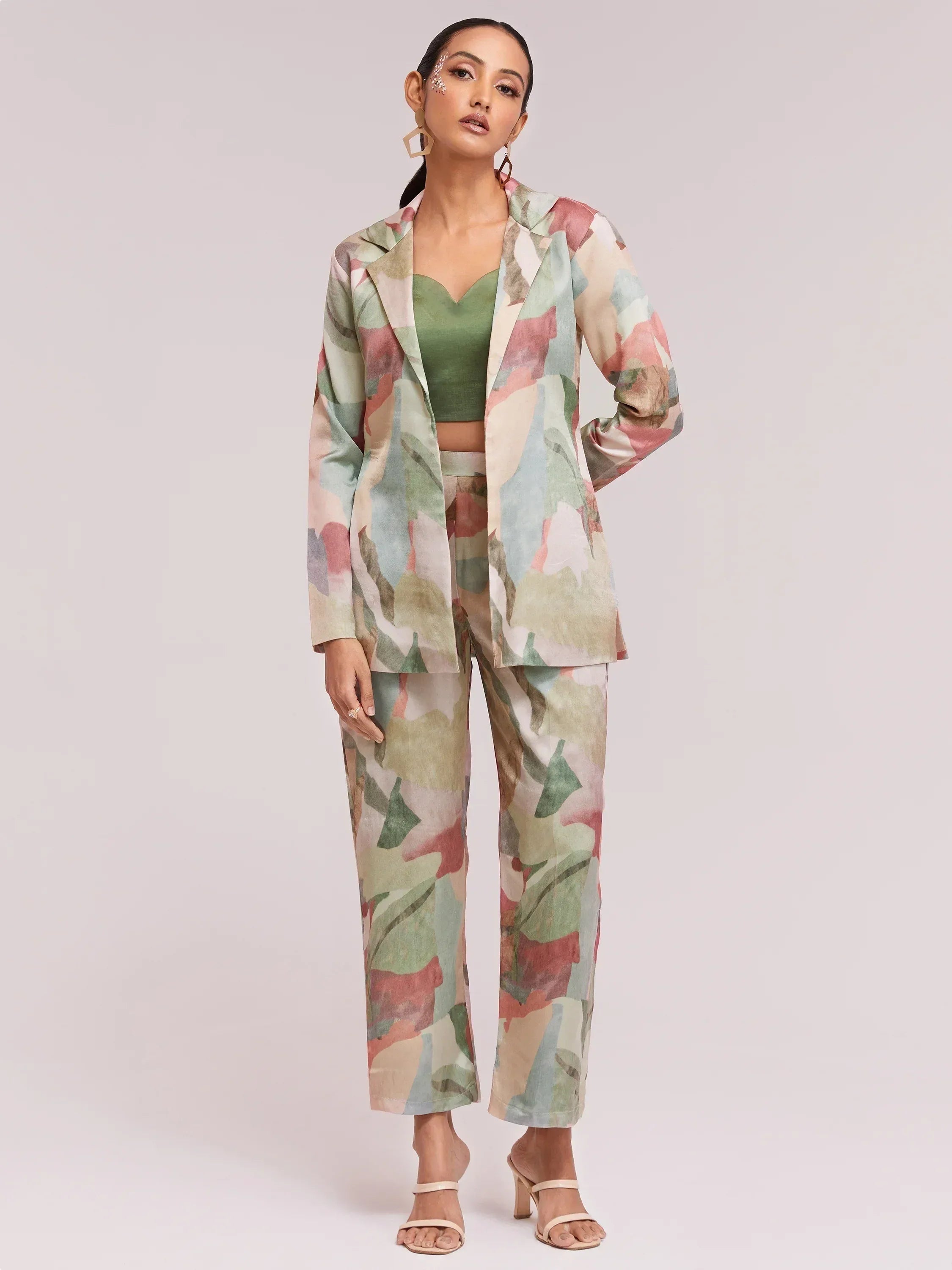 Floral print ethnic pantsuit with green crop top, stylish Indian wear for women