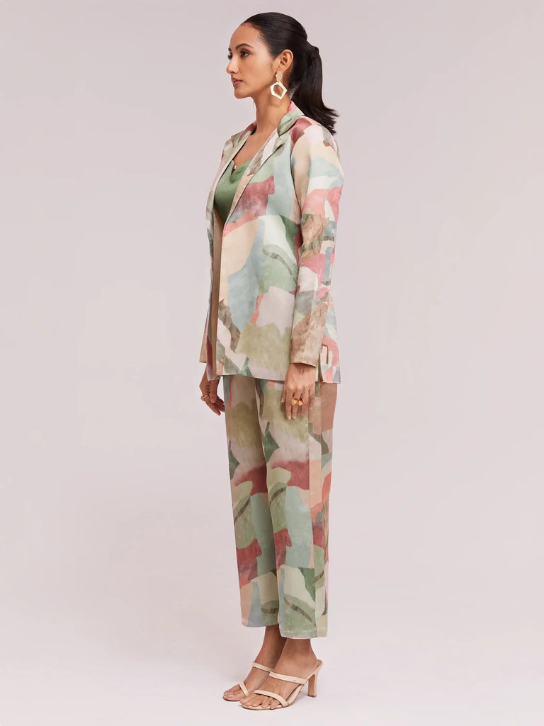 Excellent Multi-Color Satin Stylist Crop Top And Pant With Blazer