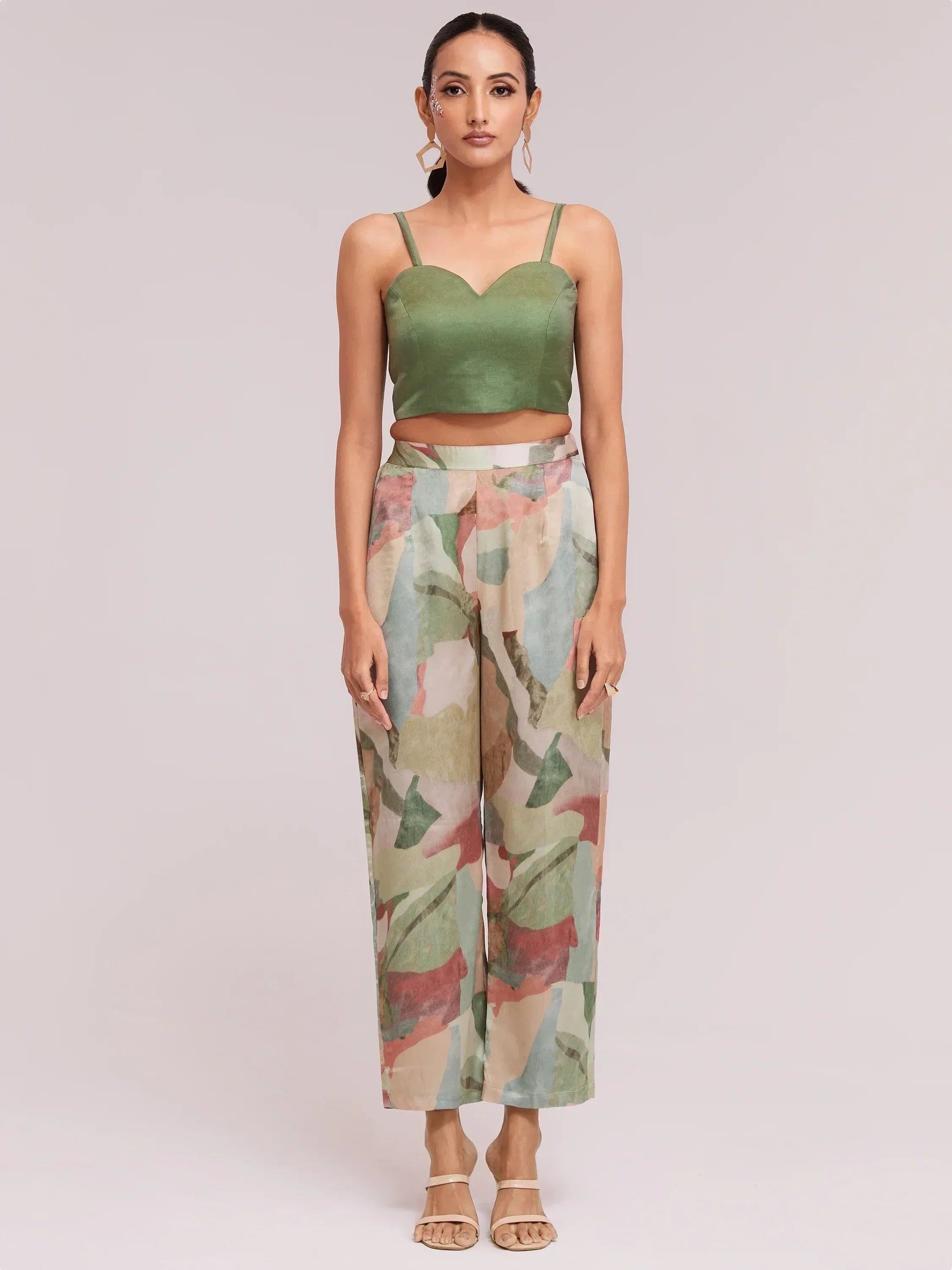 Green crop top with floral print palazzo pants, ethnic wear set