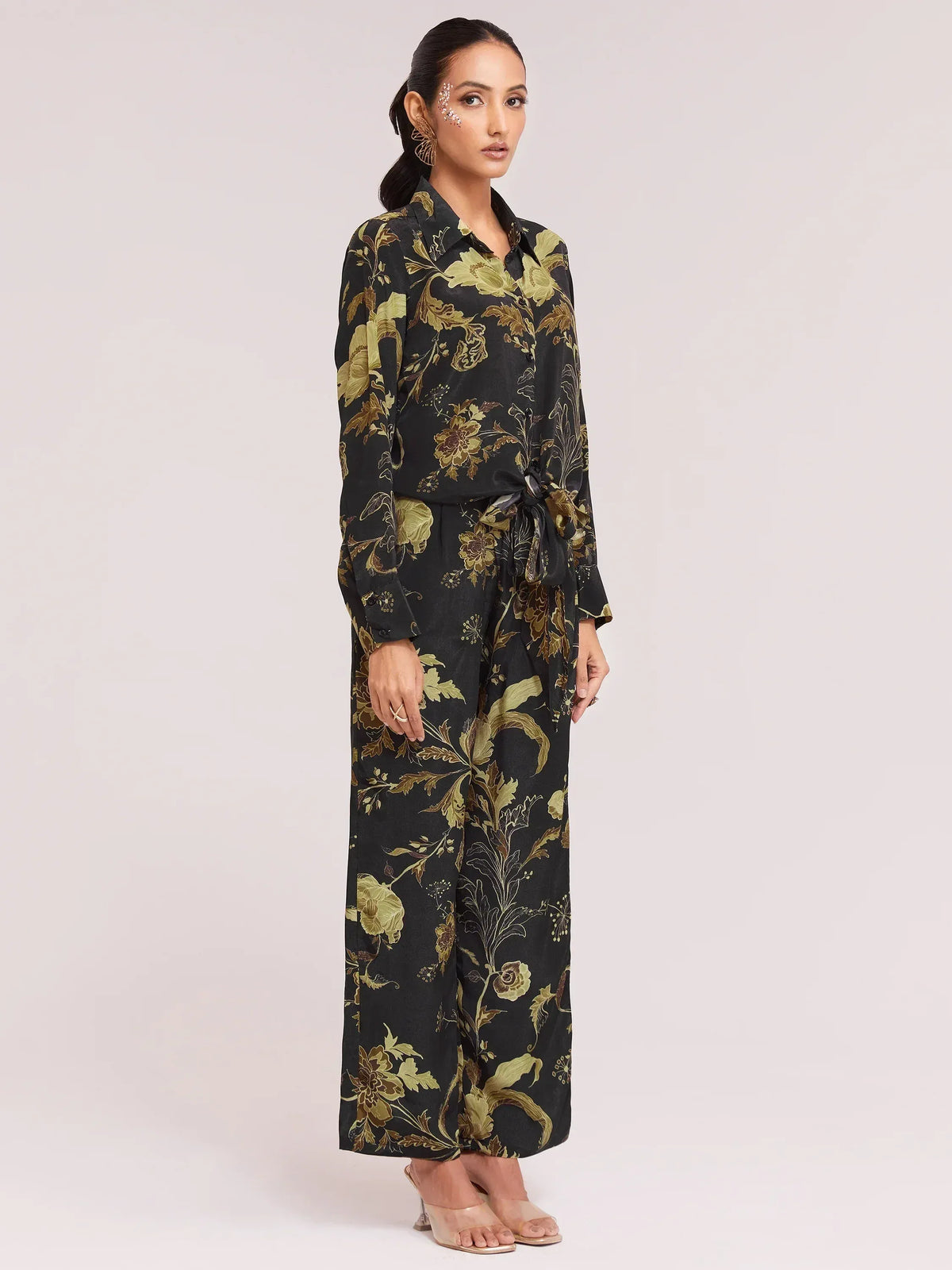 Black floral print ethnic palazzo set with tie-waist top, perfect for Indian occasions