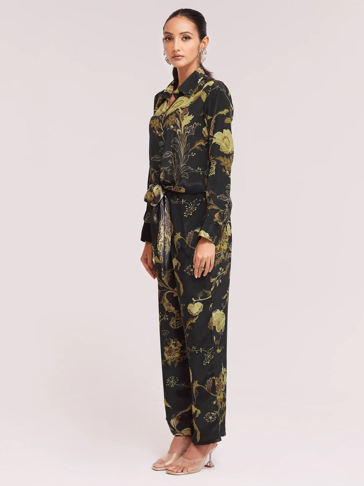 Black floral print ethnic palazzo suit with tie-up top, stylish Indian wear for women