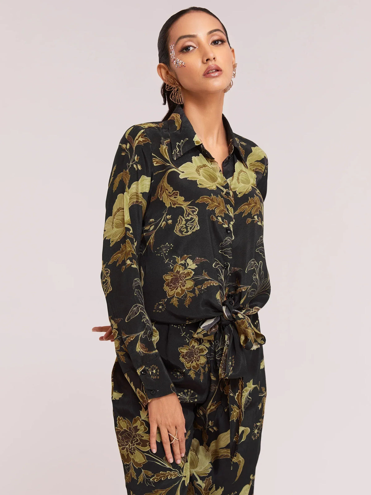 Black floral print ethnic shirt with tie waist, paired with matching pants for stylish Indian wear