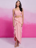Astonishing Peach Organza Party Wear Crop Top Skirt With Cape