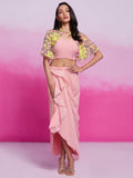 Astonishing Peach Organza Party Wear Crop Top Skirt With Cape