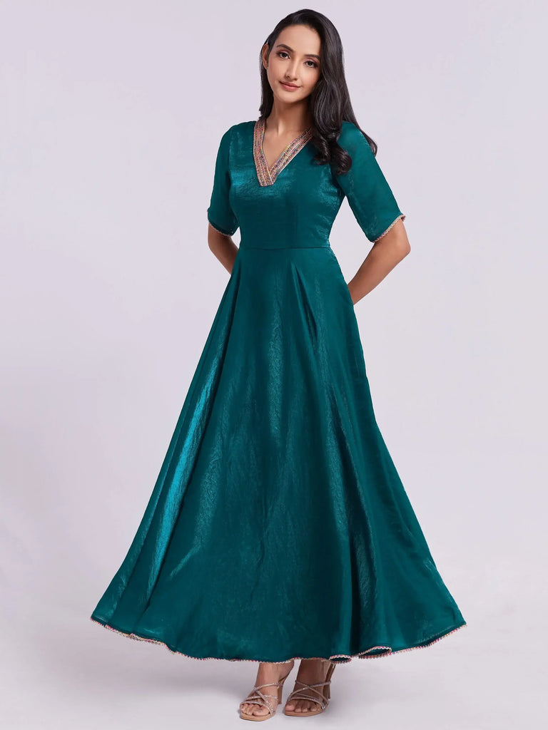 Excellent Teal Blue Lace Work Organza Festival Wear Gown