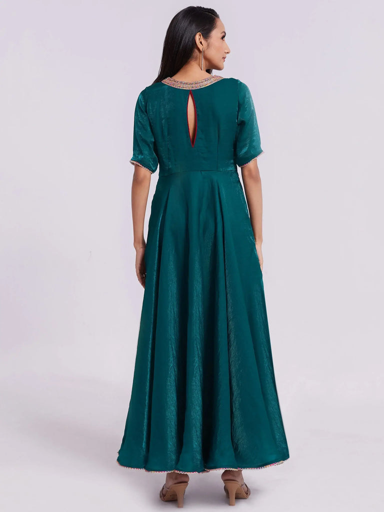 Excellent Teal Blue Lace Work Organza Festival Wear Gown