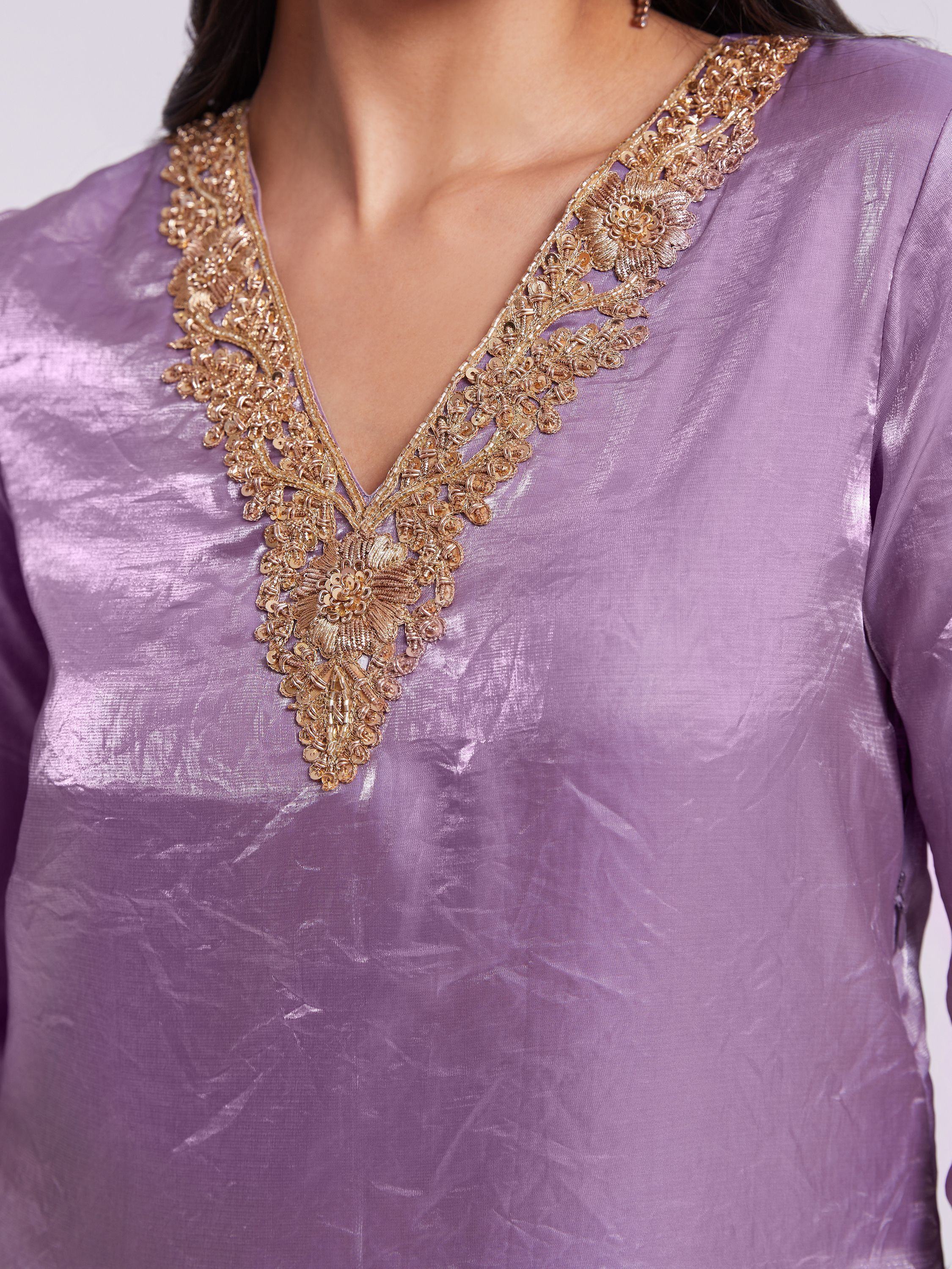 Lavender silk kurta with gold floral embroidery on V neckline, Indian ethnic wear