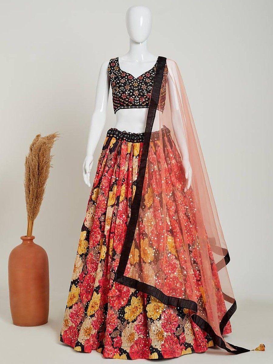 Floral print lehenga choli with black blouse and sheer dupatta, Indian ethnic wear
