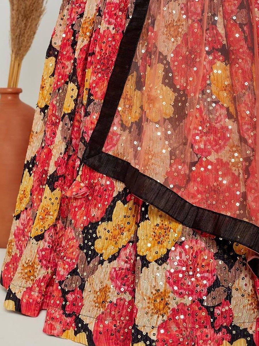 Floral printed lehenga with sequins and black border, ethnic wear for women