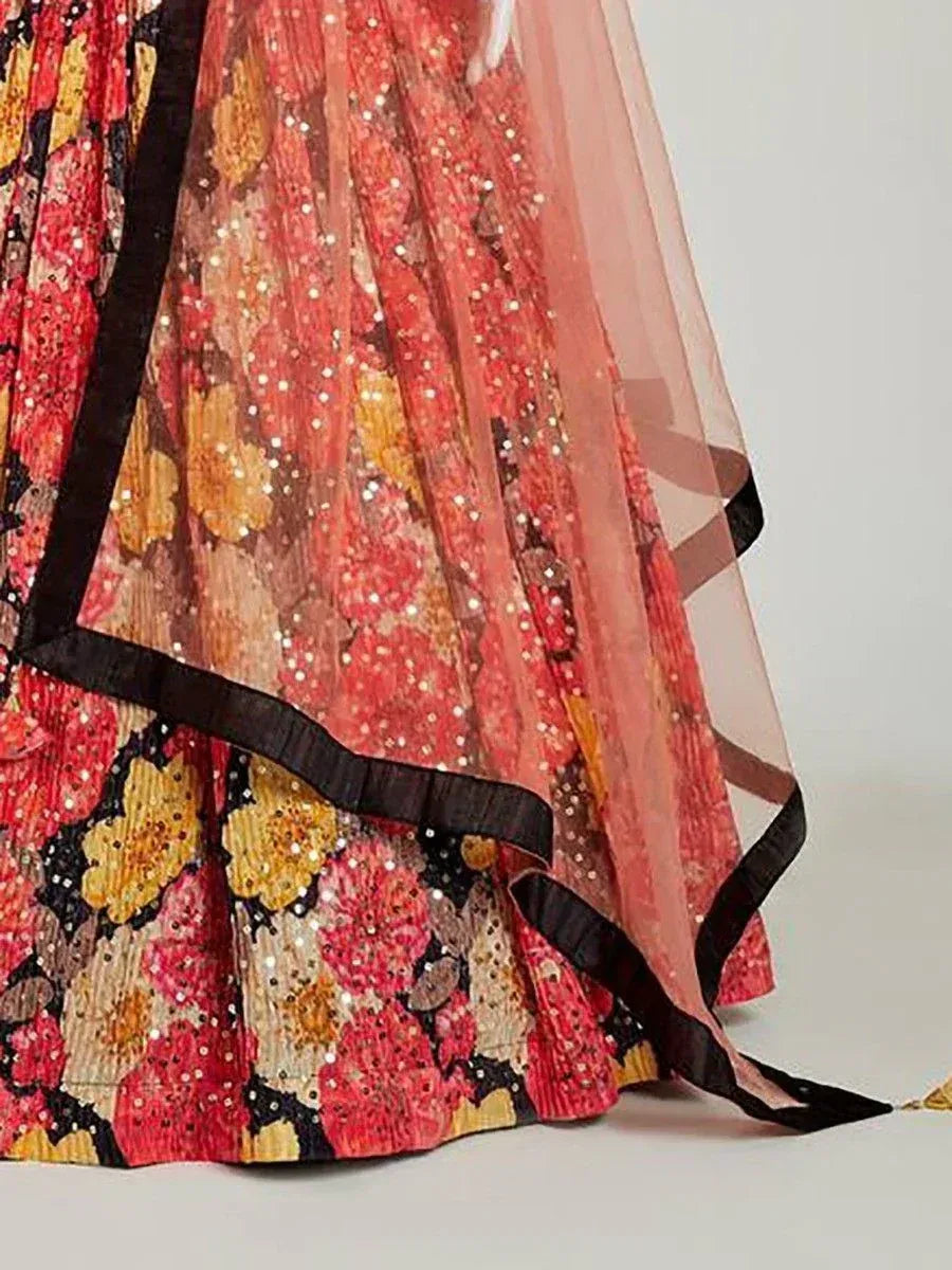 Floral sequin lehenga with black trim and sheer dupatta, Indian ethnic wear