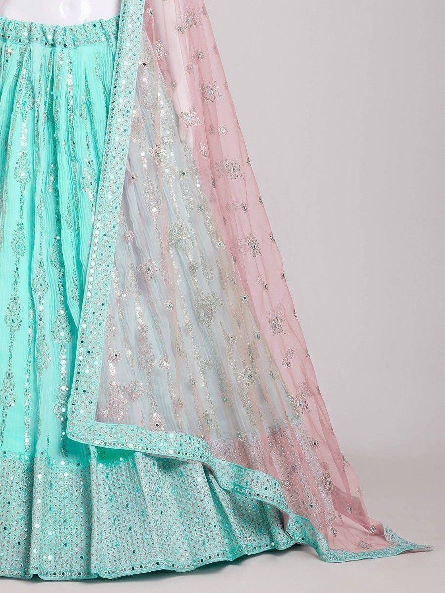 Mint green sequin lehenga with pink sheer dupatta, ethnic Indian wear for weddings and parties