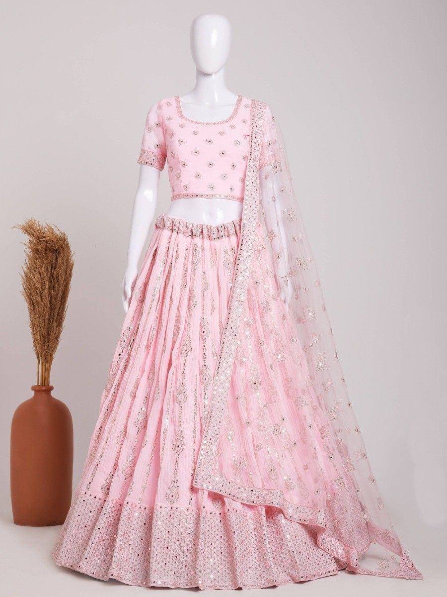 Pink embroidered lehenga choli with sheer dupatta, Indian ethnic wear for weddings and parties
