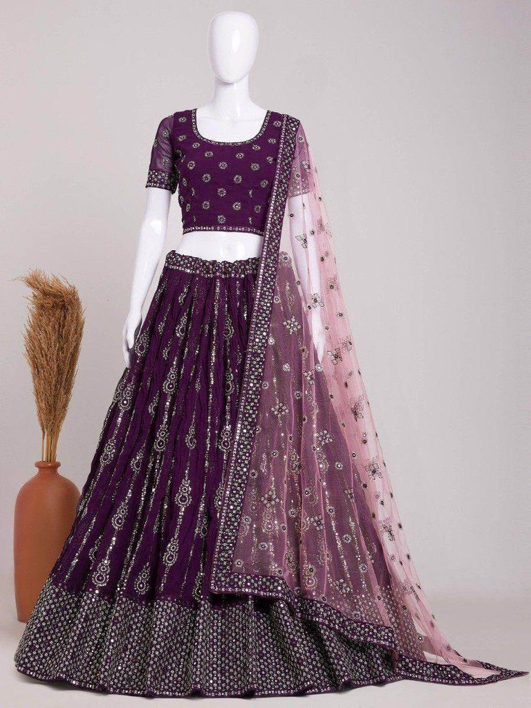 Fascinating Purple Sequins Georgette Reception Wear Lehenga Choli