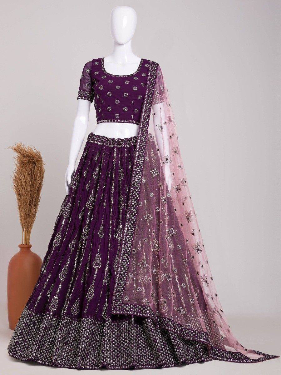 Purple embroidered lehenga choli with pink dupatta, designer Indian ethnic wear for weddings and parties