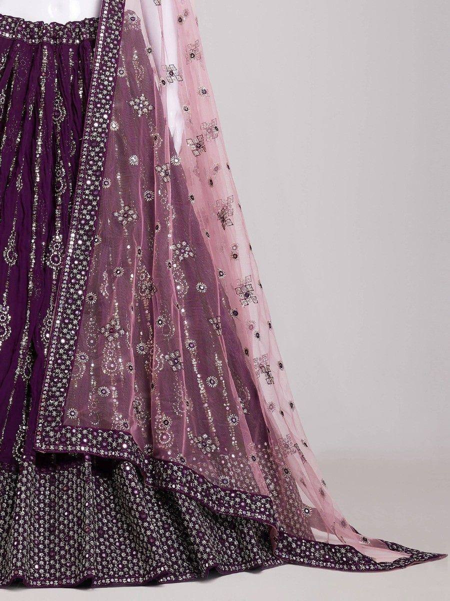 Purple embroidered lehenga with pink sheer dupatta, Indian ethnic wear
