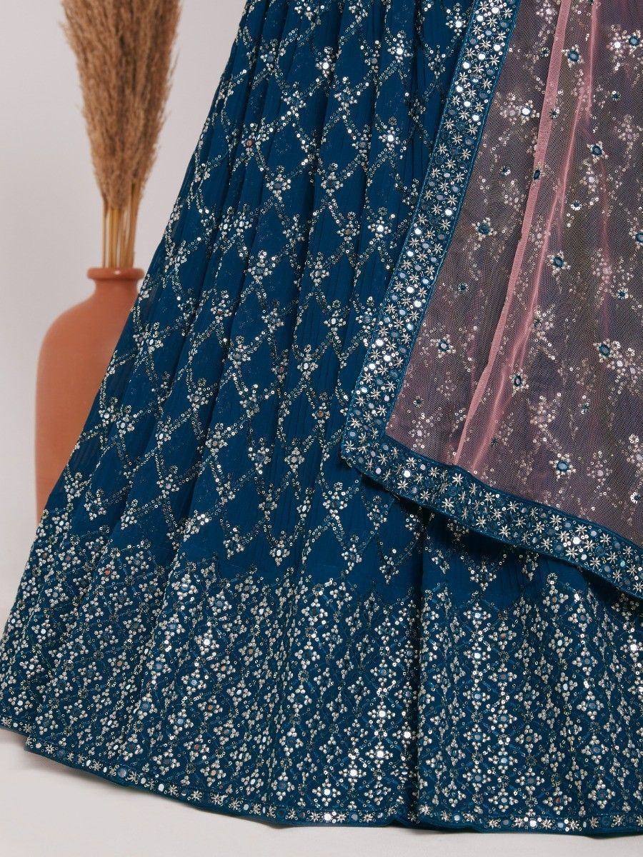 Blue sequin lehenga with floral embroidery and sheer dupatta, Indian ethnic wear