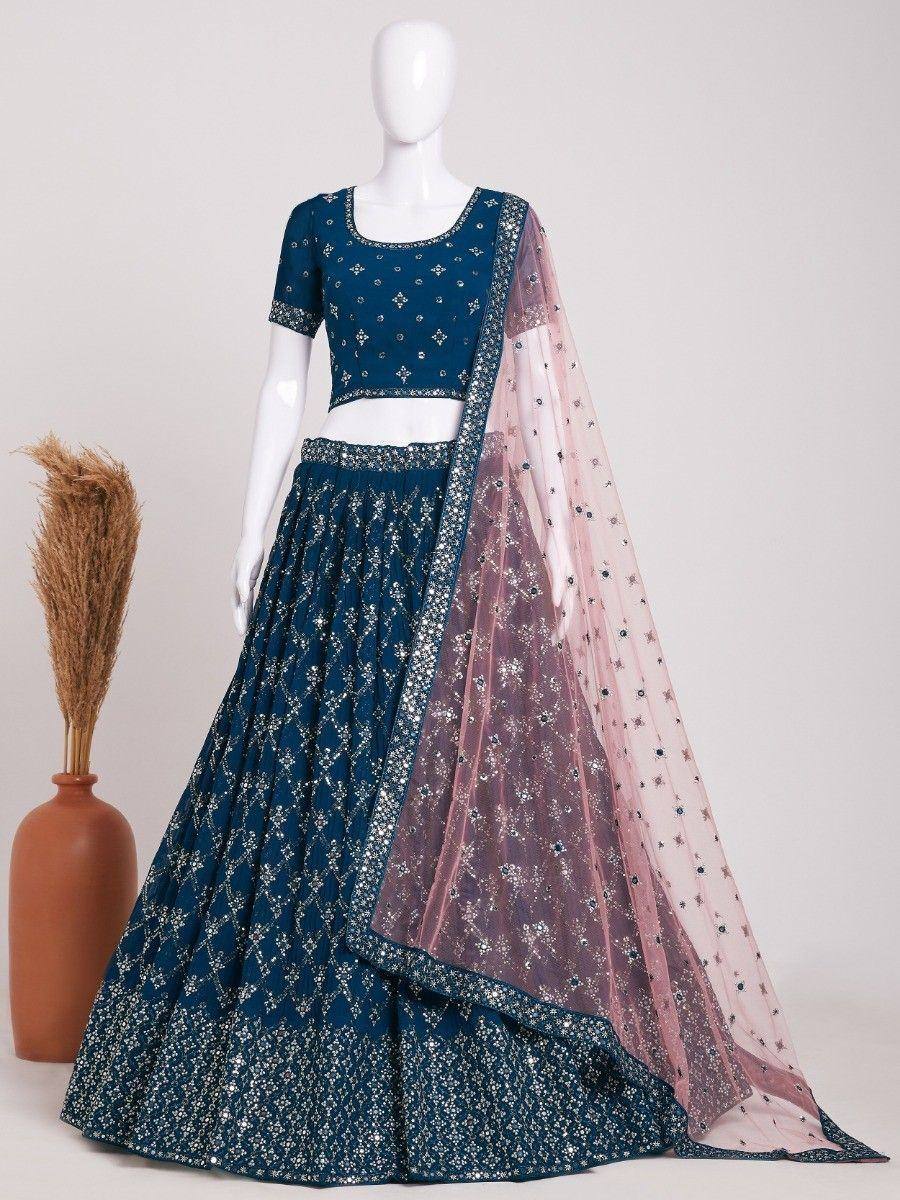 Blue embroidered lehenga choli with pink net dupatta, designer Indian ethnic wear