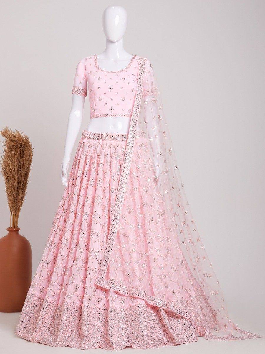 Pink embroidered lehenga choli with dupatta, Indian ethnic wear for weddings and parties