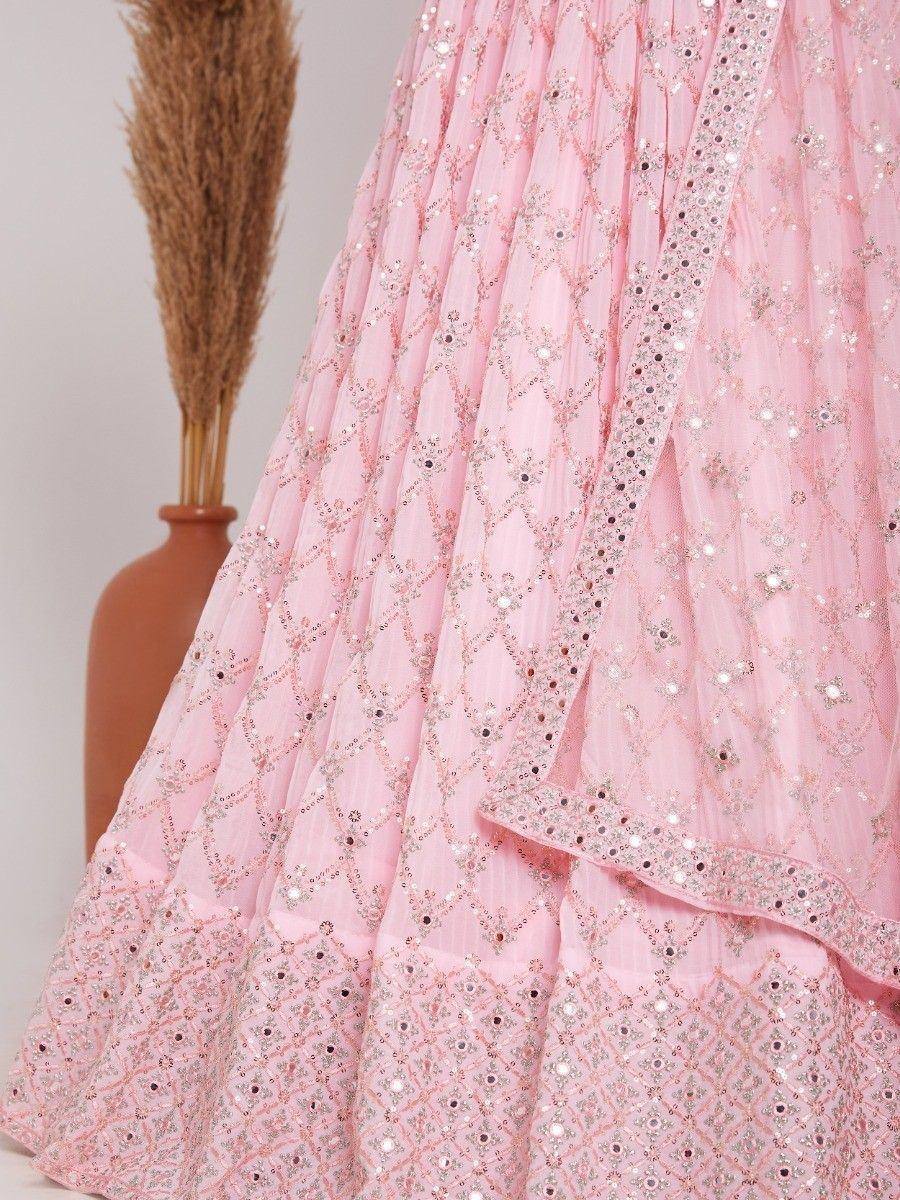 Pink designer lehenga with sequin embroidery and pleated skirt, perfect for Indian ethnic wear occasions