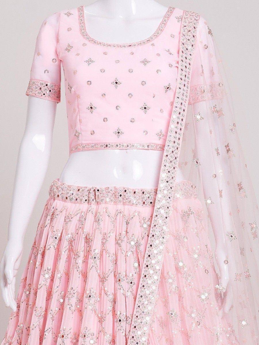 Pink designer lehenga choli with sequin embroidery and sheer dupatta, perfect for weddings and parties