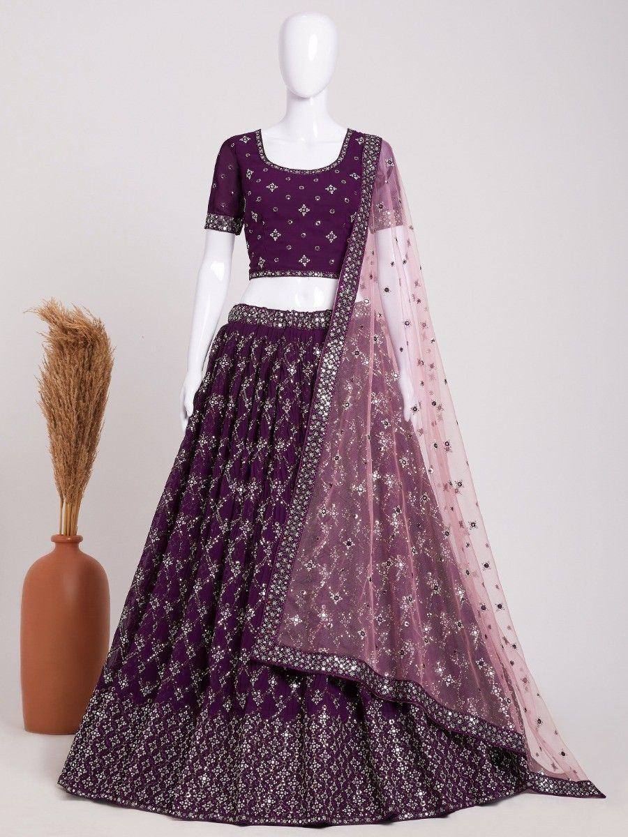 Purple embroidered lehenga choli with sheer dupatta, Indian ethnic wear for weddings and festivals