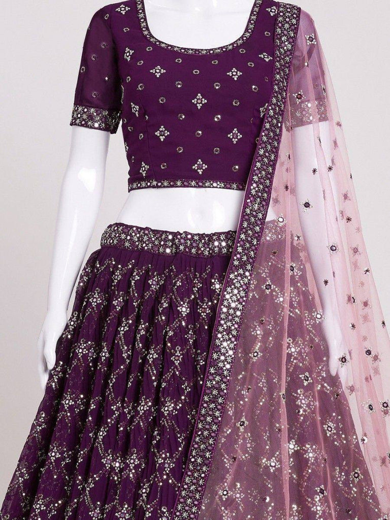 Purple embroidered lehenga choli with sheer dupatta, ethnic Indian wear for weddings and festivals