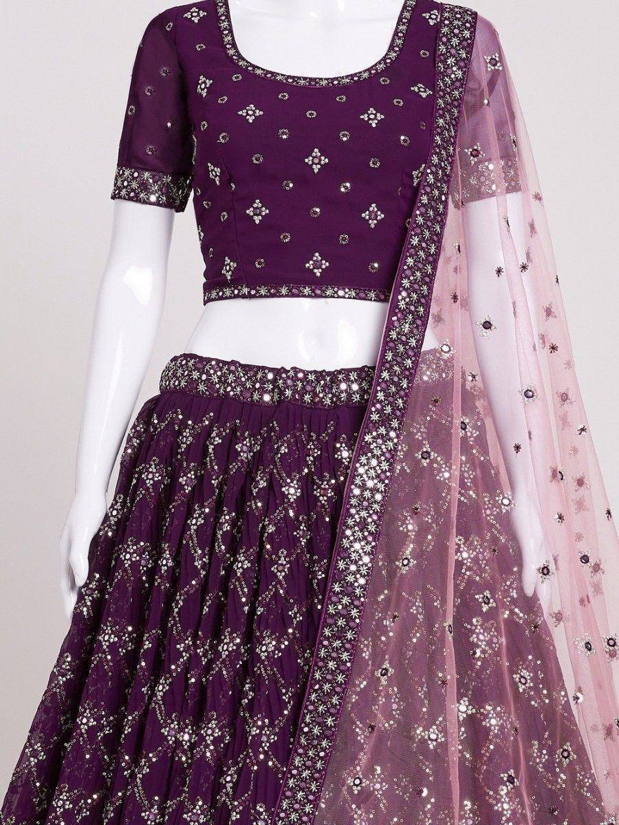 Purple embroidered lehenga choli with sheer dupatta, ethnic Indian wear for weddings and festivals