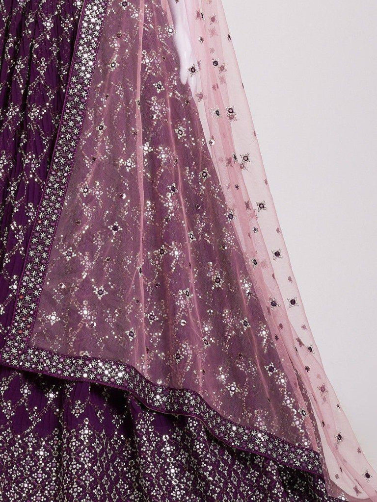 Purple embroidered lehenga choli with sheer dupatta, perfect for Indian ethnic wear occasions