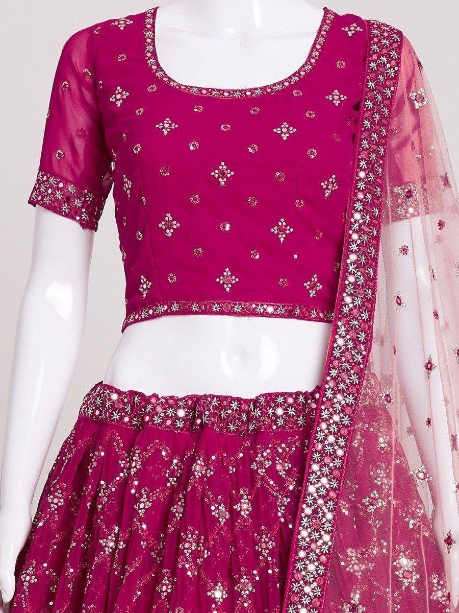 Fuchsia embroidered lehenga choli with sheer dupatta, Indian ethnic wear for weddings and festivals