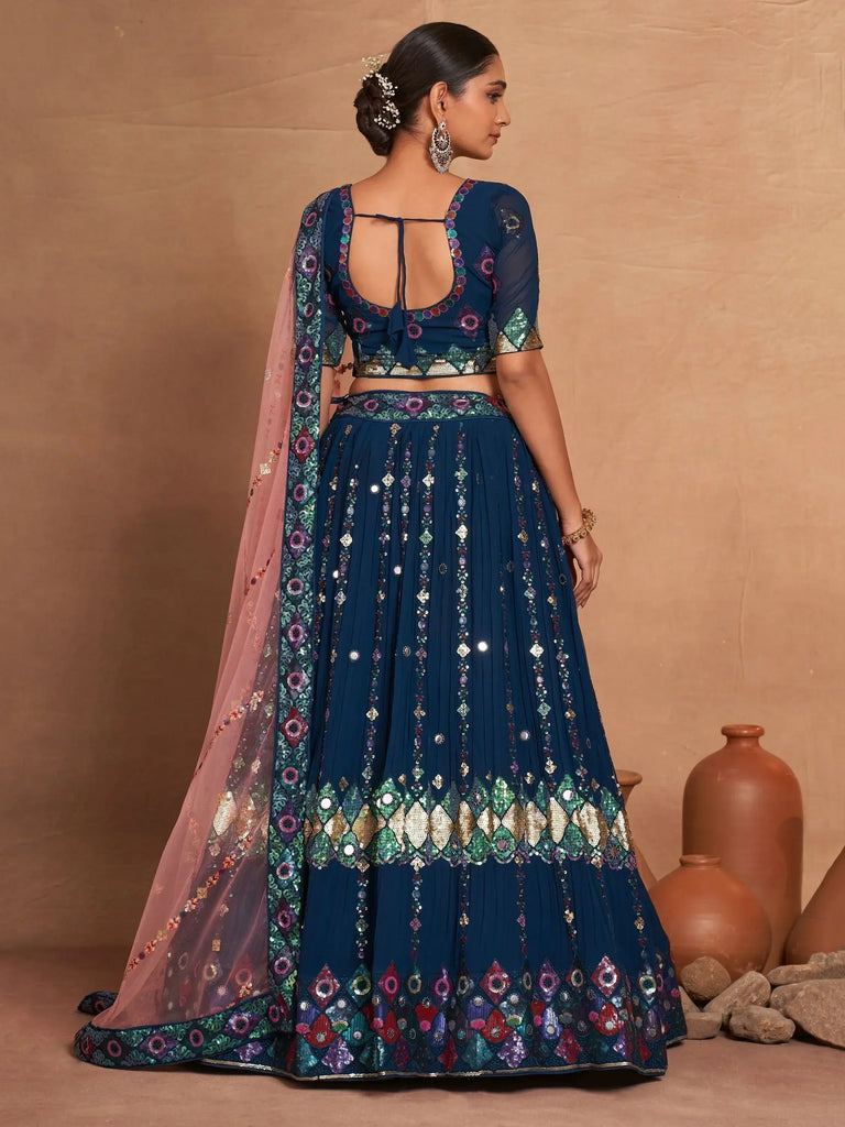 Attractive Blue Embroidered Georgette Function Wear Lehenga Choli