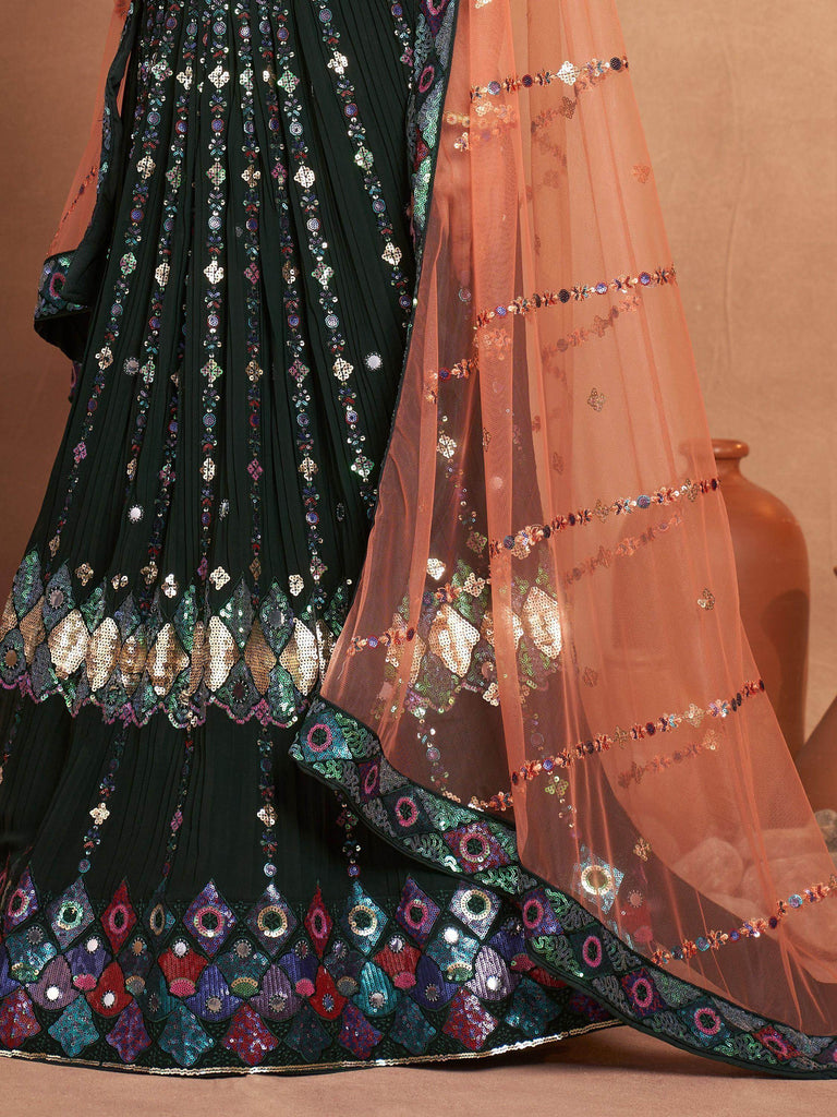 Charming Green Sequins Georgette Mehendi Wear Lehenga Choli