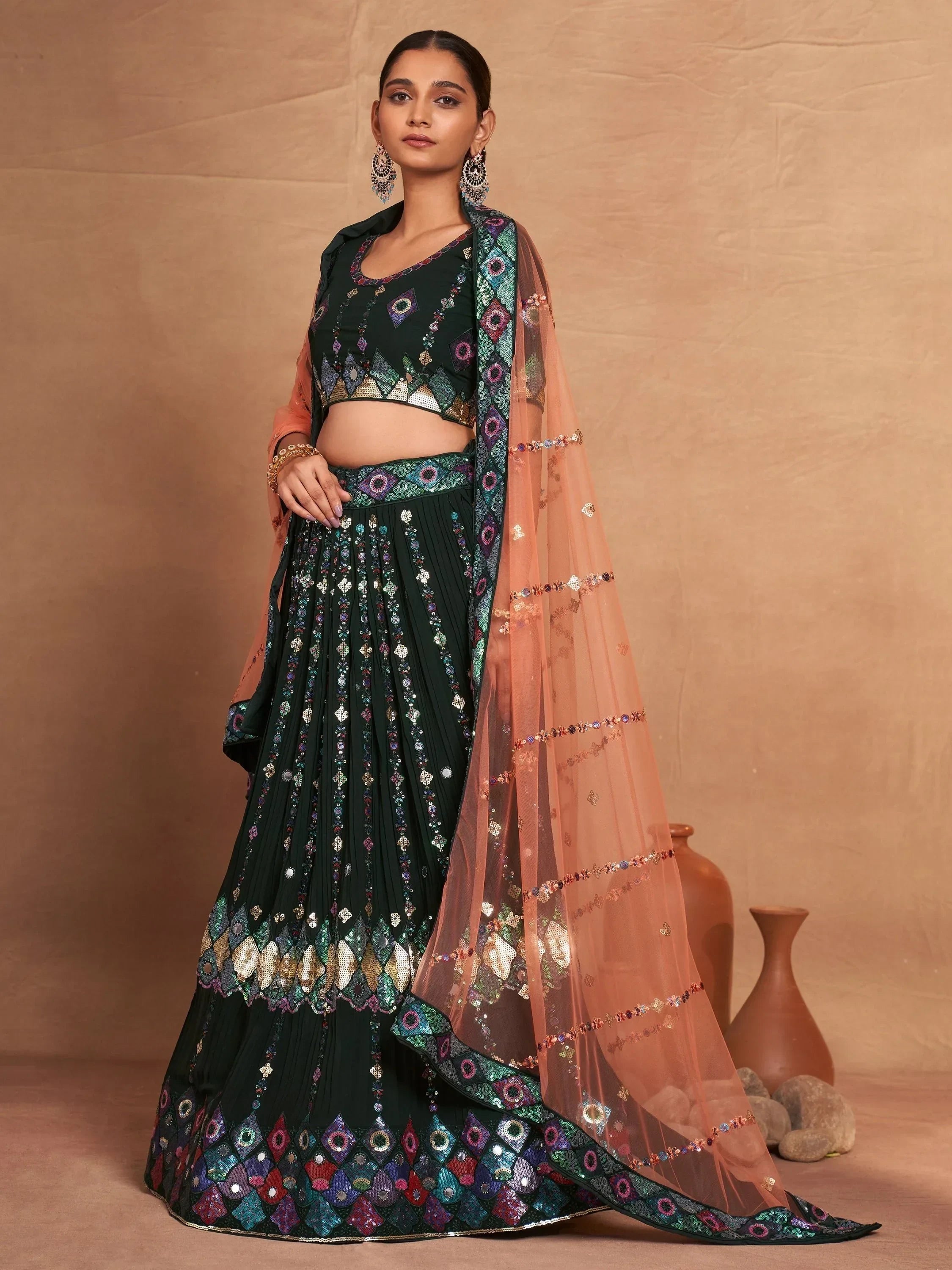 Green embroidered lehenga choli with peach dupatta, Indian ethnic wear for women