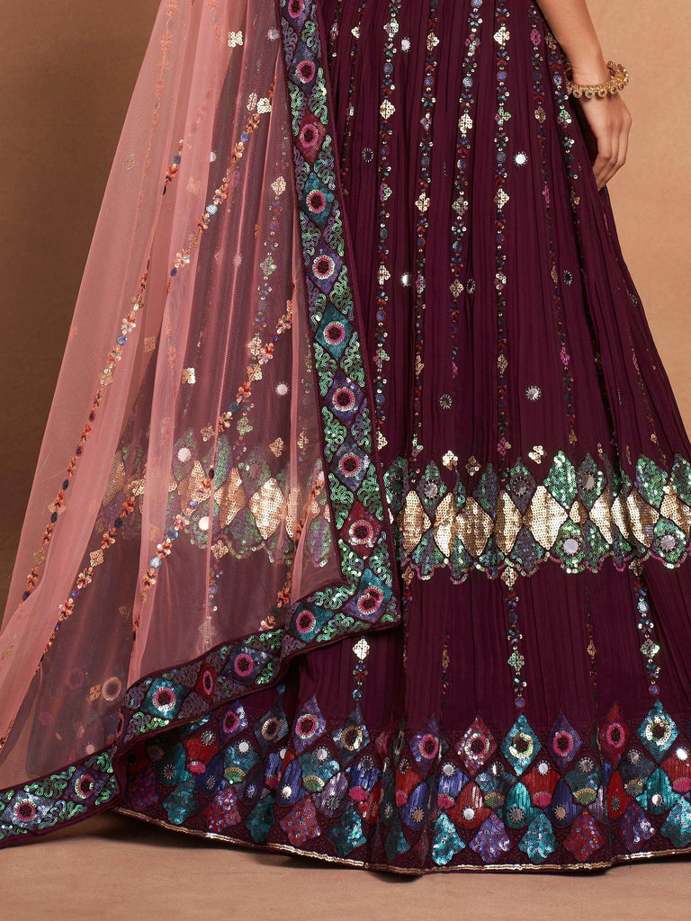 Precious Wine Embroidered Georgette Bridesmaid Lehenga Choli