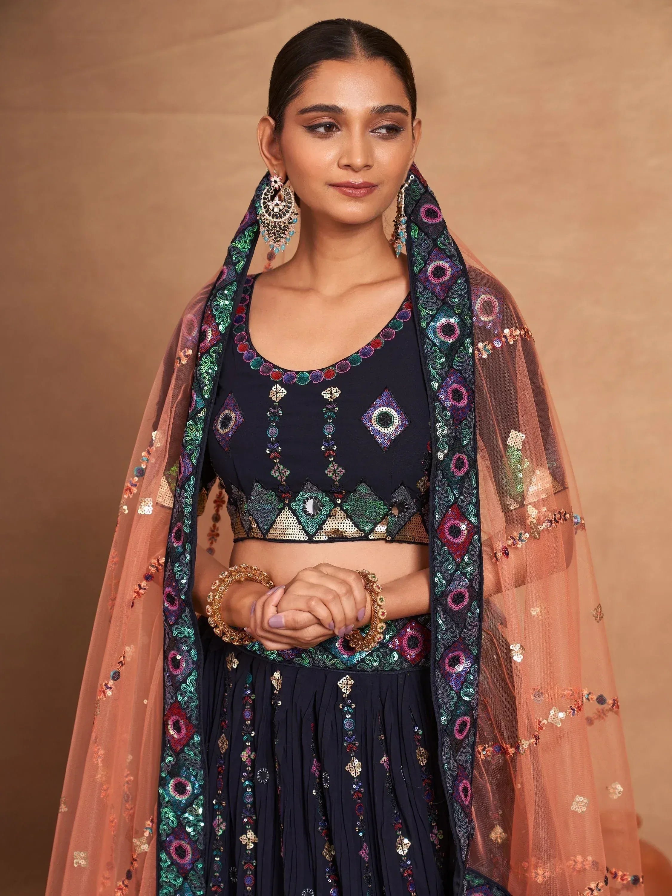 Designer navy blue lehenga choli with colorful sequin embroidery and sheer dupatta for Indian ethnic wear