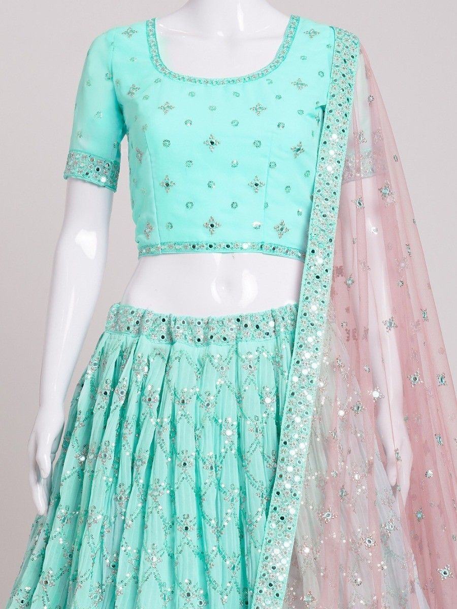Gorgeous Turquoise Sequins Georgette Sangeet Wear Lehenga Choli