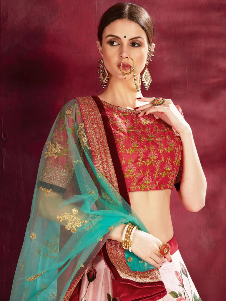 Rose Pink Floral Print Banglori  Silk Bridal Lehenga With Pink Choli And Turquoise Dupatta