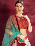 Rose Pink Floral Print Banglori  Silk Bridal Lehenga With Pink Choli And Turquoise Dupatta