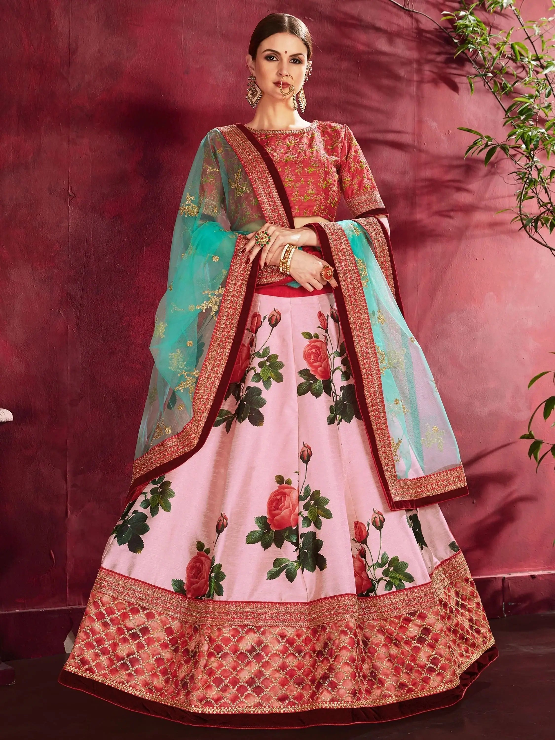 Rose Pink Floral Print Banglori  Silk Bridal Lehenga With Pink Choli And Turquoise Dupatta
