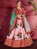 Rose Pink Floral Print Banglori  Silk Bridal Lehenga With Pink Choli And Turquoise Dupatta