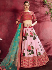 Rose Pink Floral Print Banglori  Silk Bridal Lehenga With Pink Choli And Turquoise Dupatta