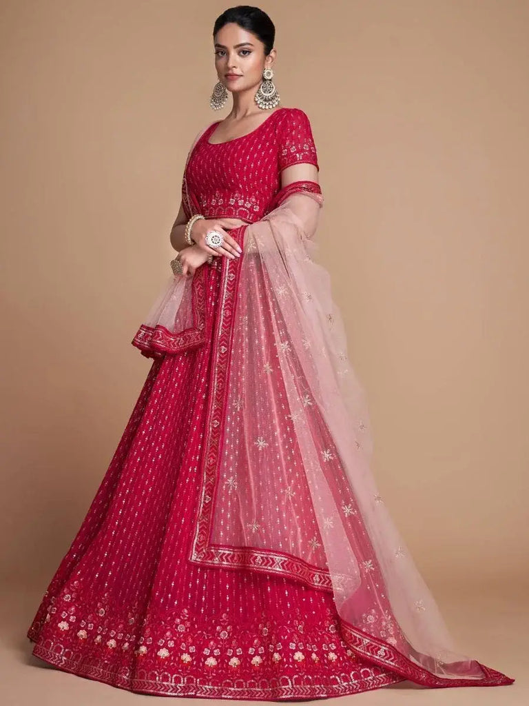 Wondrous Rose Pink Sequined Georgette Bridesmaid Lehenga Choli