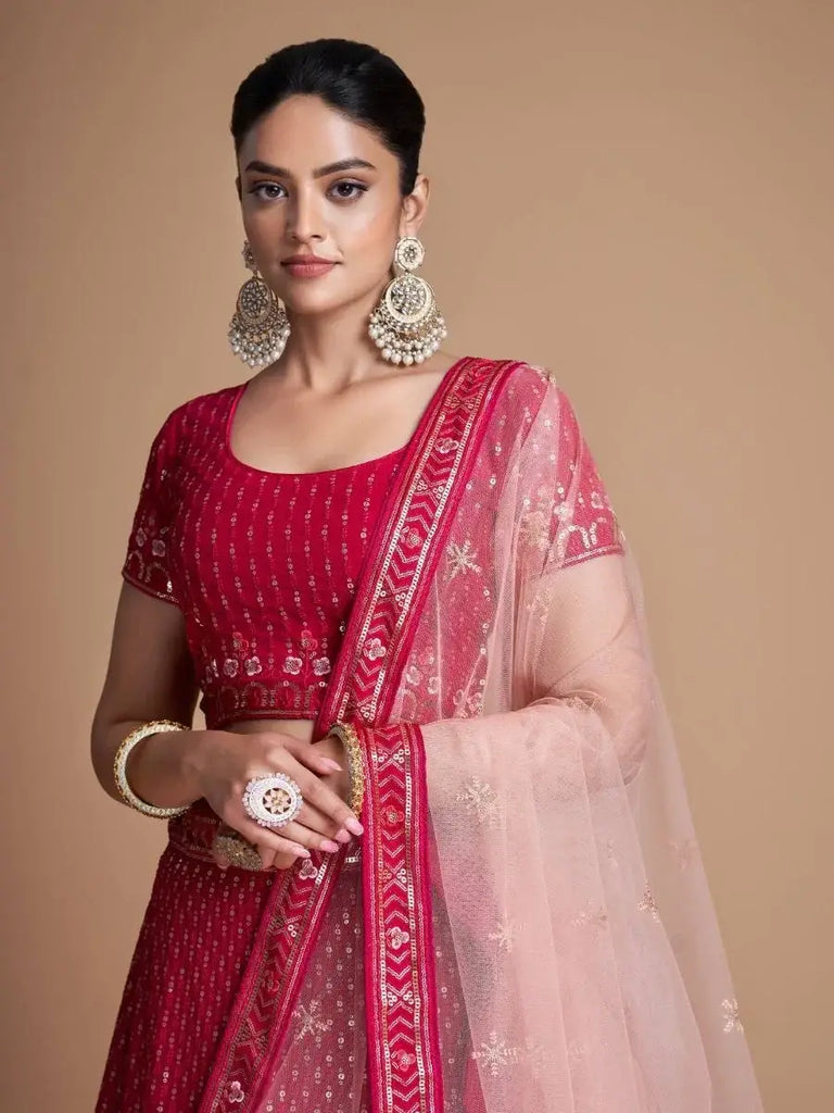 Wondrous Rose Pink Sequined Georgette Bridesmaid Lehenga Choli