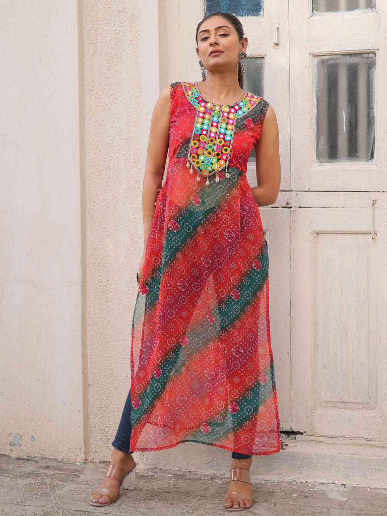 Tantalizing Multi-Color Georgette Bandhani Printed Festival Wear Kurti